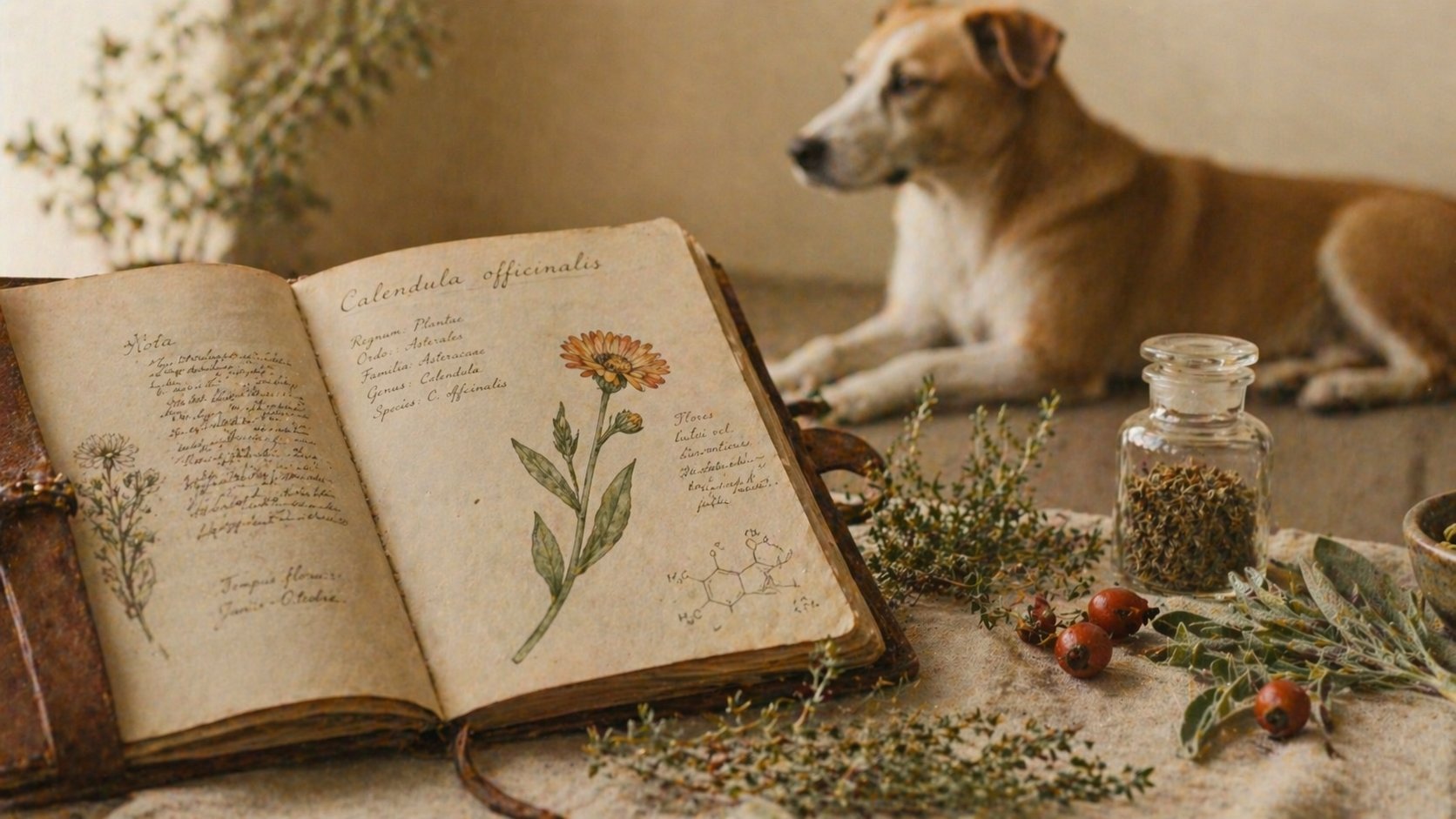 Ancient botanical book with dog